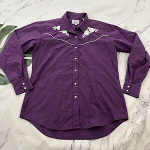 Ely Country Charmers Womens Vintage Western Shirt Size L Purple White Floral